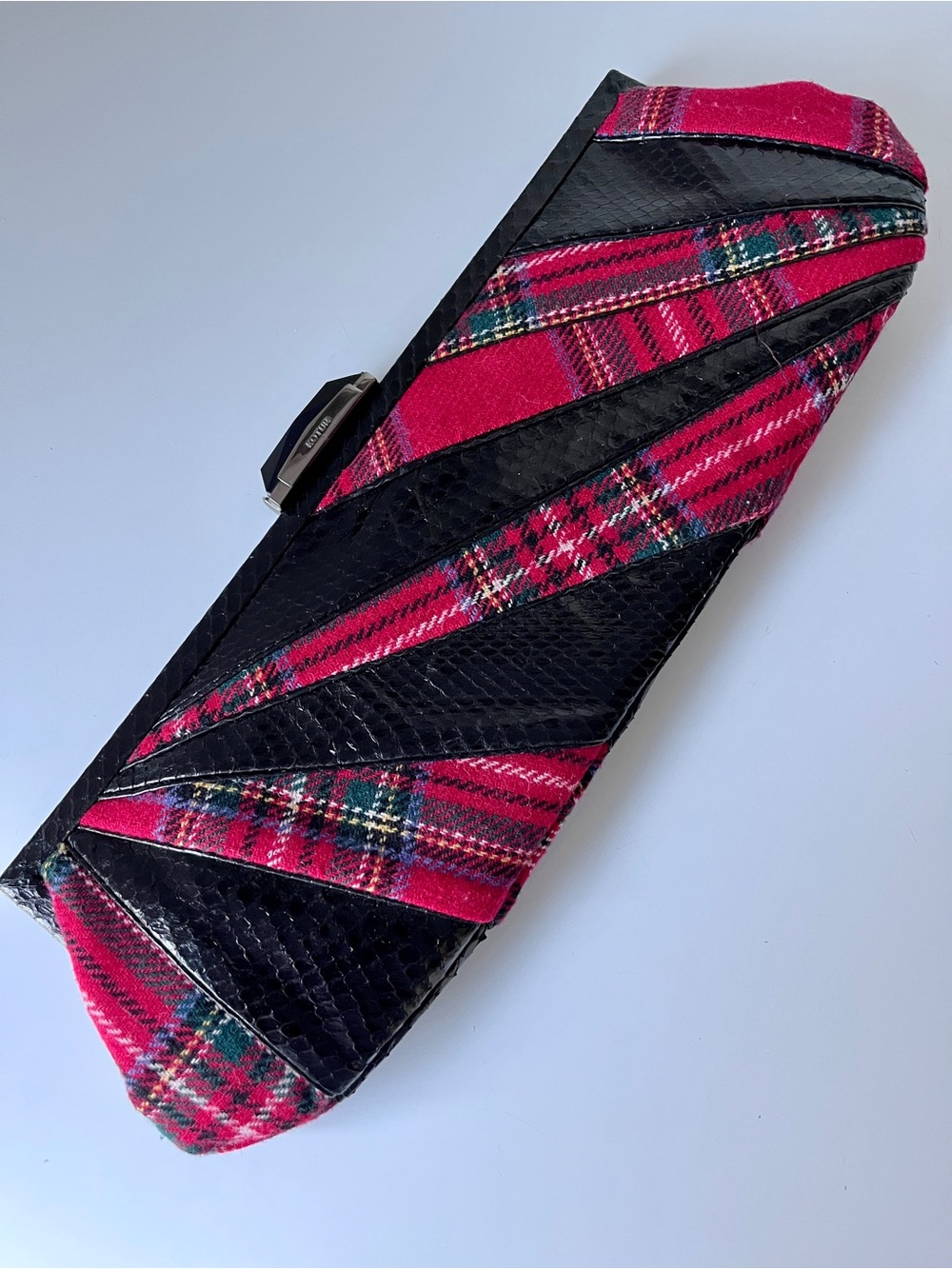 Kotur Tartan Plaid Snake Embossed Leather Clutch Red Black Evening Bag